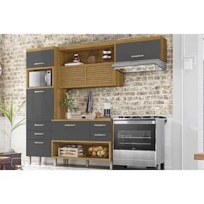 Cozinha Modulada Completa Princesa 3 Peças (1Aéreo+1Balcão+1Paneleiro) C6P60 Freijo/Grafite - Nesher