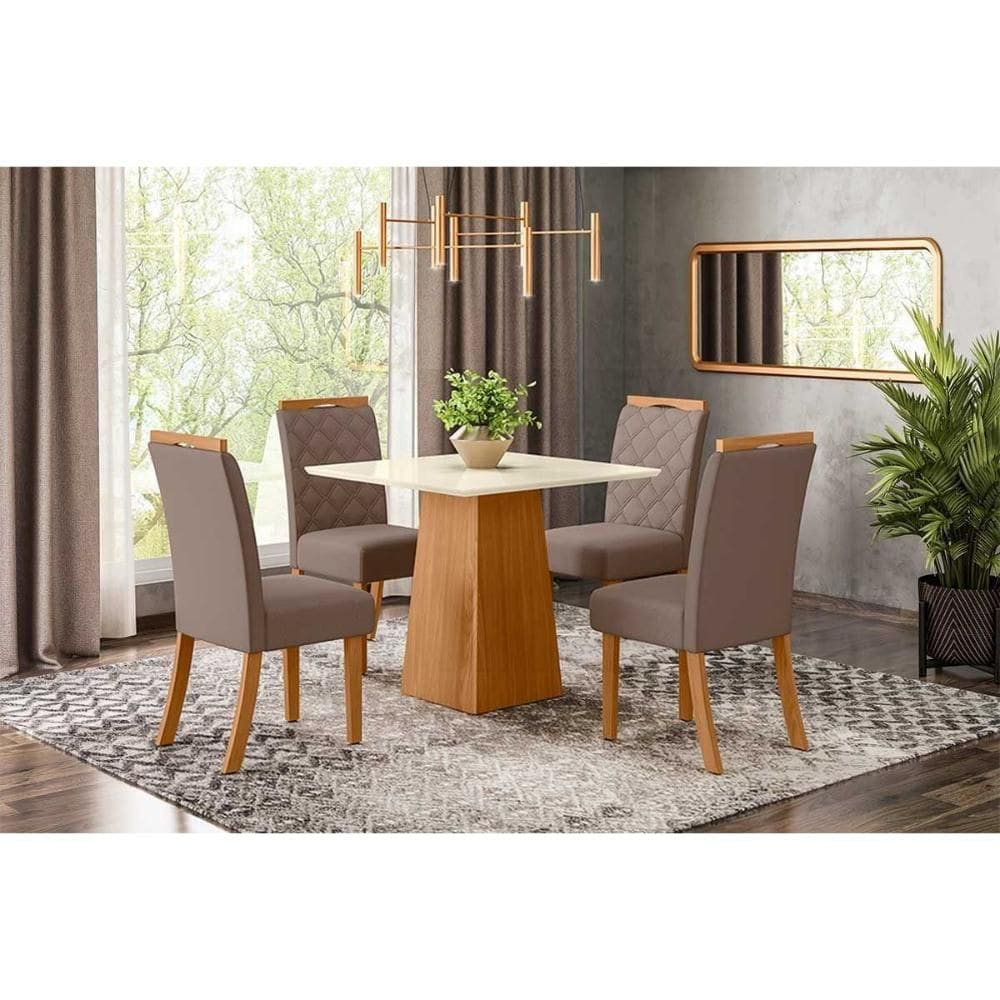 Conjunto: Mesa Sala Jantar Dora Tampo Madeirado 90cm e 4 Cadeiras Bella Nature/Suede Light Marrom Amendoa - Henn