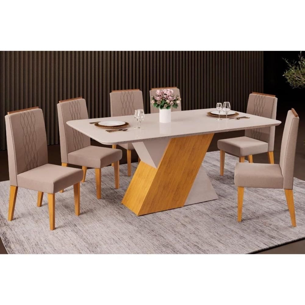 Conjunto: Mesa Sala Jantar Rubi Tampo Madeirado c/ Vidro Curvo 170x90cm e 6 Cadeiras Lia Cedro/Off White/Off White - Suede Kraft - DJ Móveis