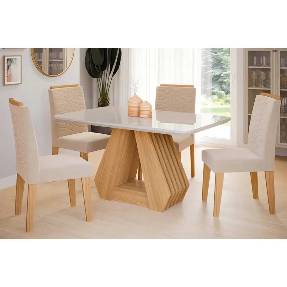 Conjunto: Mesa Sala Jantar Ágata Tampo Madeirado c/ Vidro 130x80cm e 4 Cadeiras Clarice Savana-Nature-Madeirado/Suede Nude Bege - Cimol