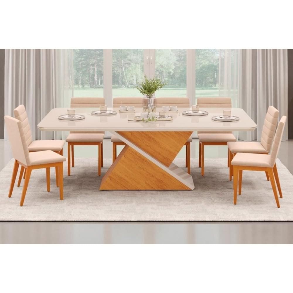 Conjunto: Mesa Sala Jantar Zafira Tampo Madeirado c/ Vidro Curvo 200x100cm e 8 Cadeiras Sofia Cedro/Off White - Ipe/Suede Creme - DJ Móveis