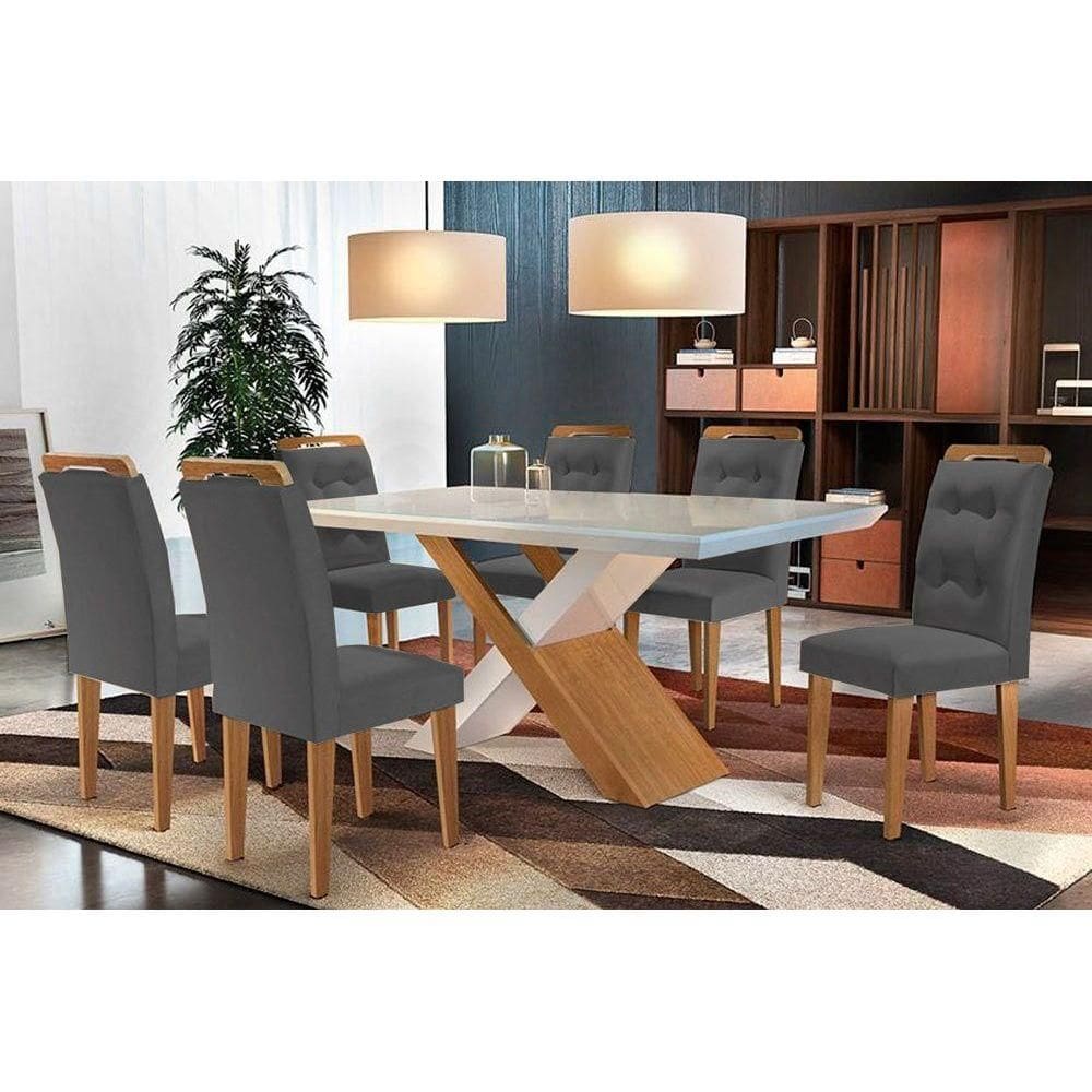 Conjunto: Mesa Sala Jantar Imperatriz Tampo Madeirado c/ Vidro Canto Reto 180x90cm e 6 Cadeiras Imperatriz Imbuia/Grafite - Rufato
