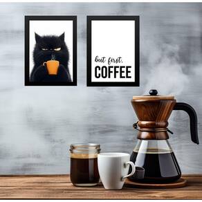 Kit 2 Quadros Café - Gato Emburrado 24X18Cm - Com Vidro