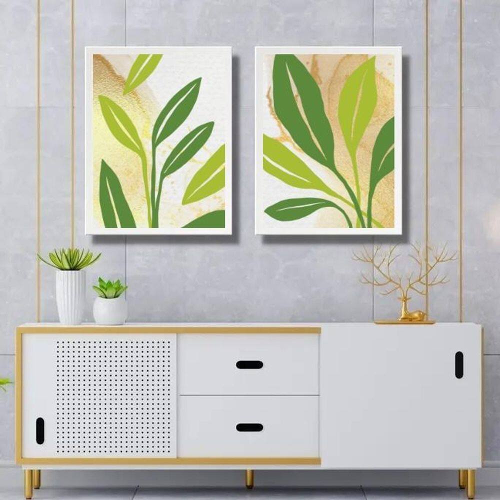 Kit 2 Quadros Folhas Verdes Fundo Branco Bege 45X34Cm Vidro