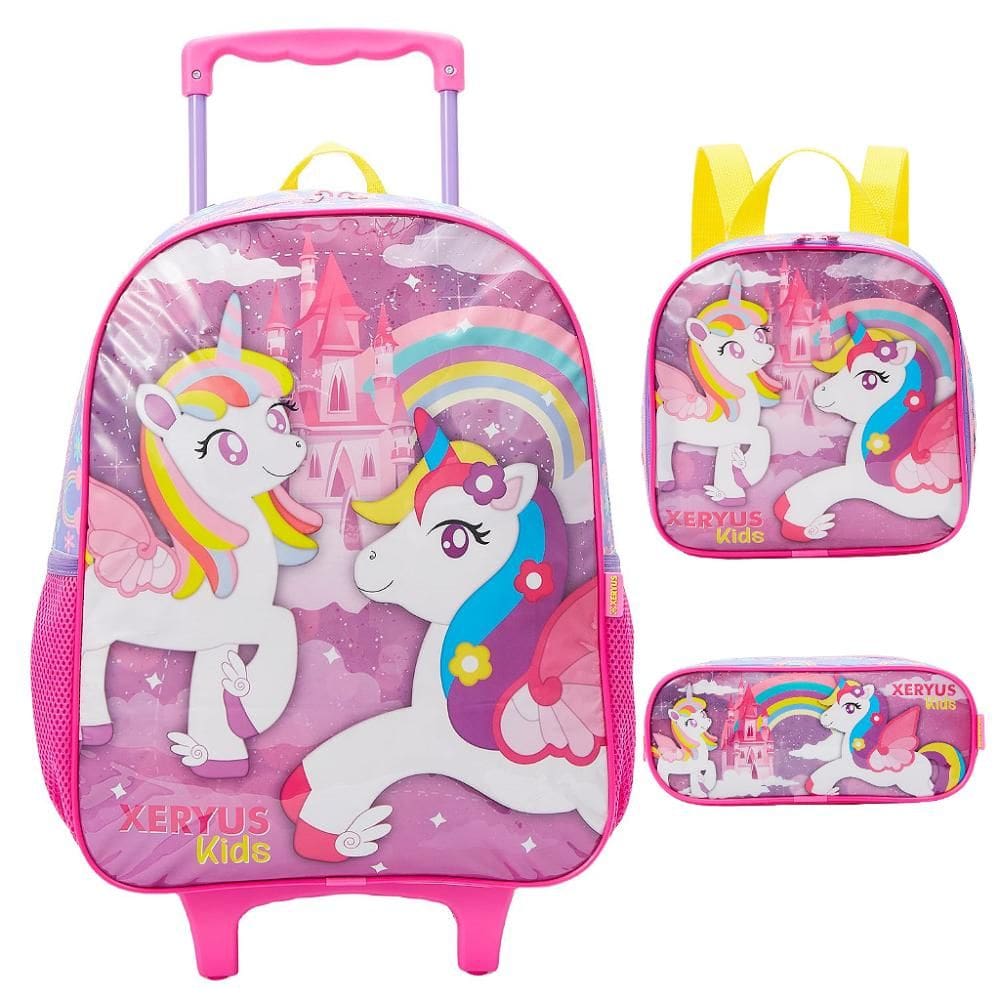 Kit Mochila de Rodinha Lancheira Estojo Xeryus Unicórnio