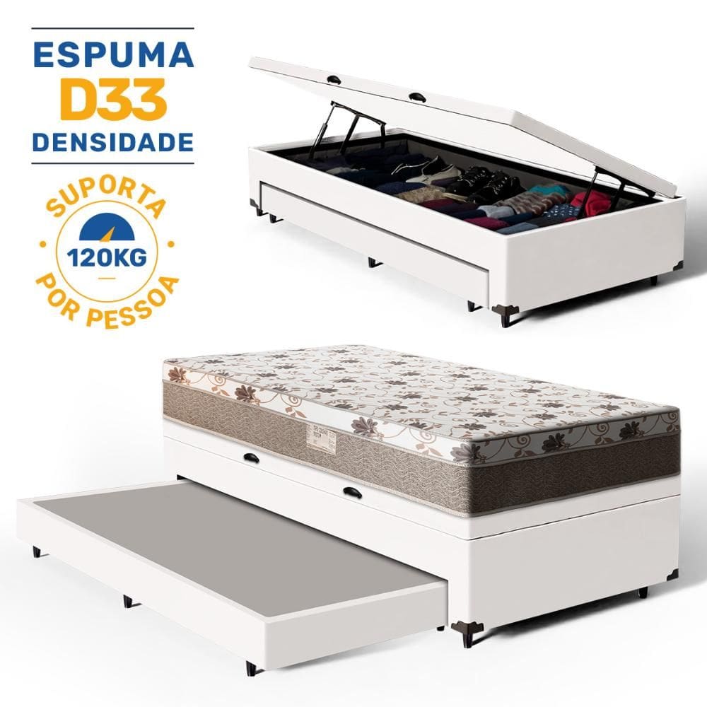Cama Box Baú com Colchão de Espuma D33 Ortopédico Pillow In Luna + Auxiliar Unique Solteiro 88cm