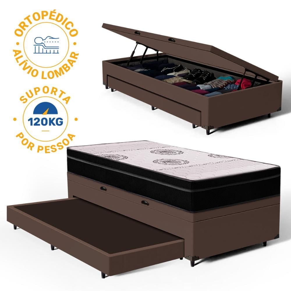 Cama Box Baú com Colchão de Espuma Pillow In Orthoplus + Auxiliar Unique Solteiro 88cm