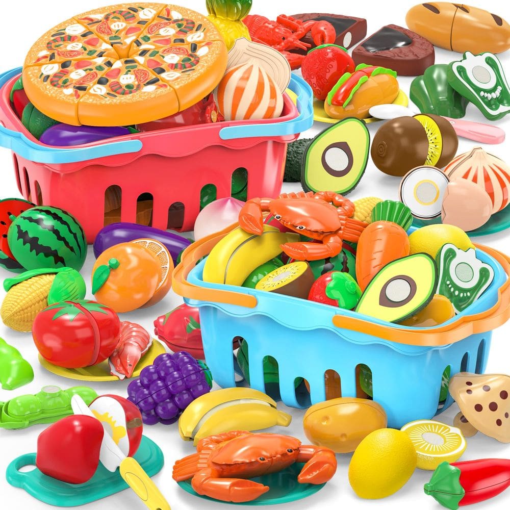 Brinquedo Cutting Play Food MOEAWS com 120 unidades para crianças pequenas com 2 cestos