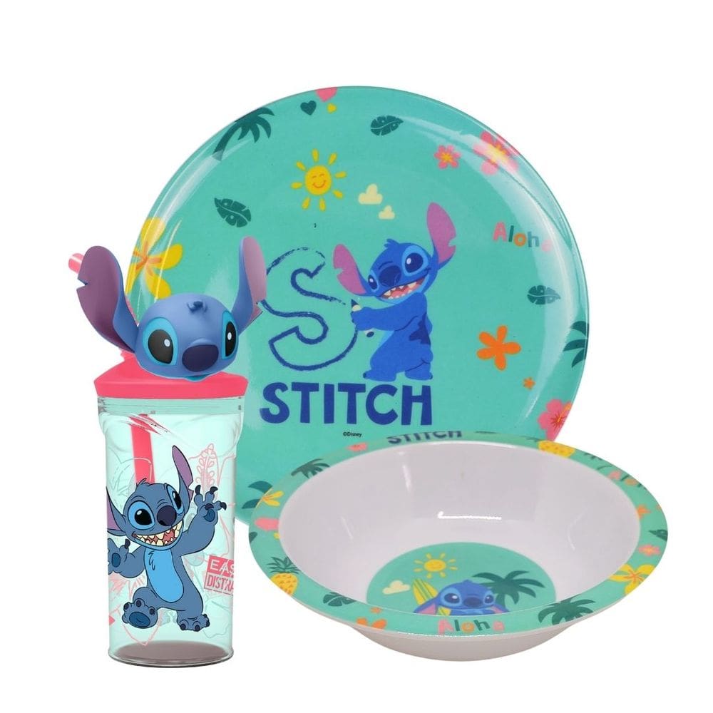 Kit Refeição Infantil Melamina Stitch Disney 3 Peças Incluso Copo Com Canudo 3D - Tuut