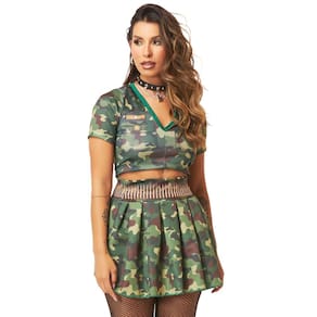 Fantasia Soldada Feminina Militar Carnaval c/ Cropped e Saia