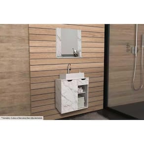 Armário c/ Balcão Banheiro Suspenso BN3605 s/ Cuba 60cm e Espelho BN3610 Mármore Branco - Tecno Mobili