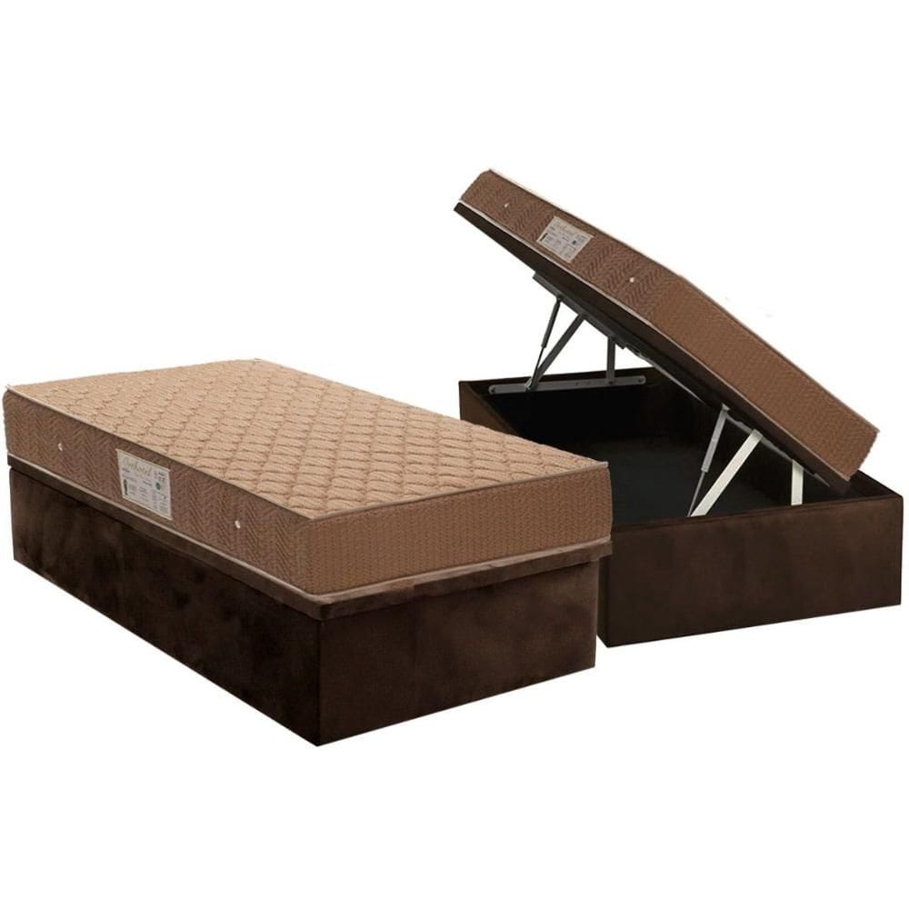 Cama Box Baú Solteiro: Colchão Molas Bonnel Ortobom Nanolastic Orthotel + Base CRC Suede Brown (88x188)