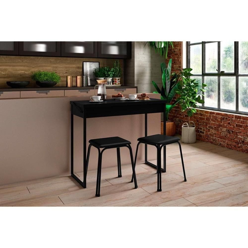 Conjunto: Mesa De Cozinha Dobrável 1590 C- 2 Banquetas Preto-preto - Carraro