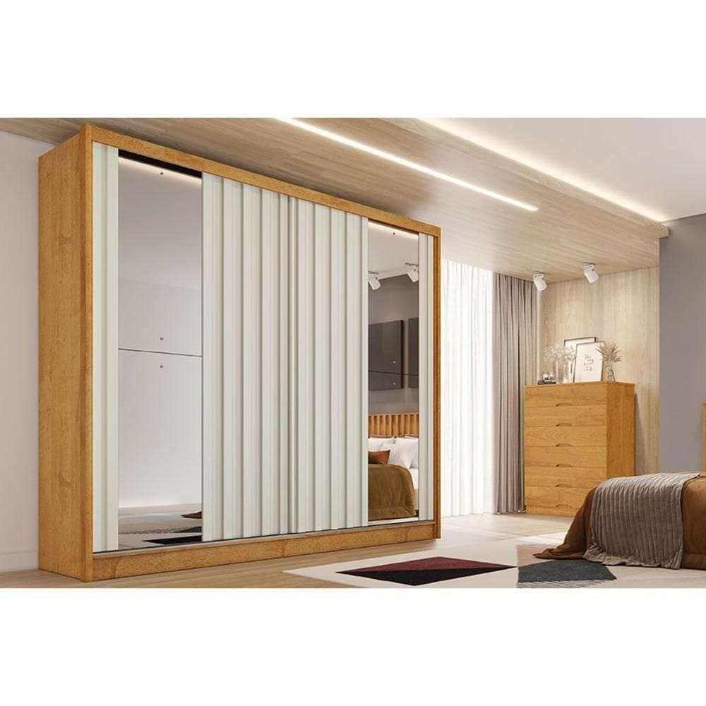 Guarda Roupa Casal 2 Portas De Correr Ripadas C- Espelhos E 4 Gavetas Galati Peroba-off White - Europa