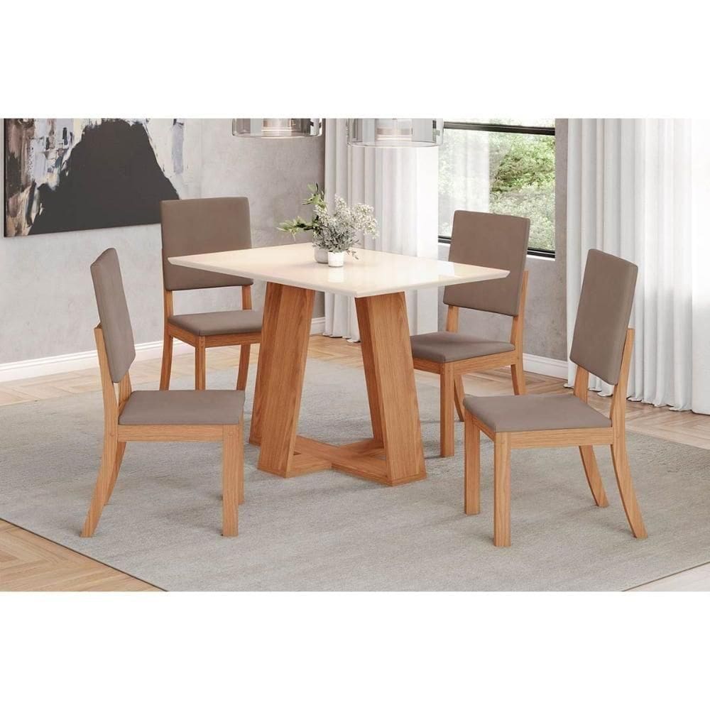 Sala De Jantar Completa Lins C- Tampo Madeirado 120x80cm E 4 Cadeiras Milla Nature-off White - Suede Marrom - Henn