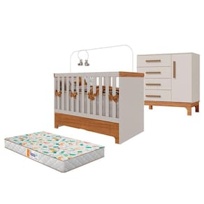 Berço Americano Mini Cama com Gaveta Antonella e Cômoda Pega Pega Off White Caramelo com Colchão Gazin - Canaã