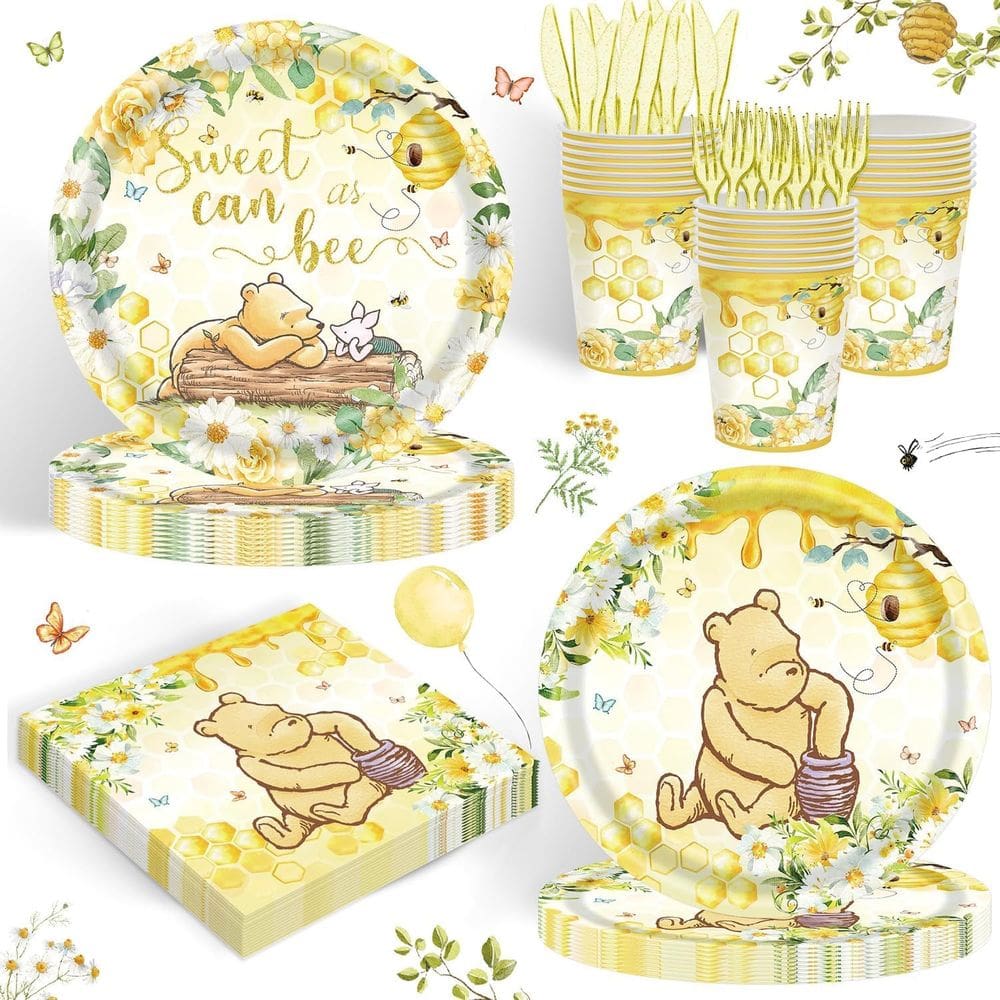 Conjunto de suprimentos de festa Classic Winnie Bear 120 unidades para 20 convidados