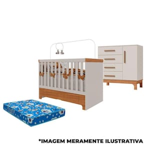 Berço Americano Mini Cama com Gaveta Antonella e Cômoda Pega Pega Off White Caramelo com Colchão - Canaã