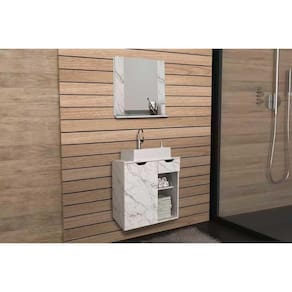 Armário c/ Balcão Banheiro Suspenso BN3605 Cuba 60cm BN3600 e Espelho BN3610 Mármore Branco - Tecno Mobili