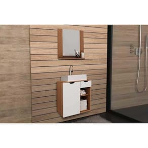 Armário c/ Balcão Banheiro Suspenso BN3605 Cuba 60cm BN3600 e Espelho BN3610 Amêndoa/Branco - Tecno Mobili