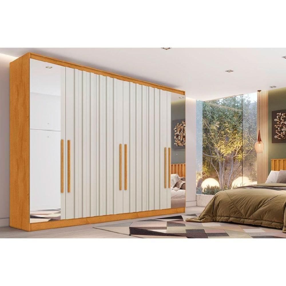 Guarda Roupa Casal 6 Portas (4 Ripadas E 2 C- Espelho) E 4 Gavetas Oxford Peroba-off White - Europa