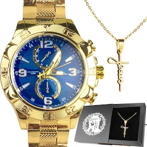 Relógio Prova D`Água Aço Masculino + Cordão Crucifixo + Caixa Robusto Dourado Pesado Banhado Ouro