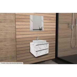 Armário c/ Balcão Banheiro Suspenso BN3607 s/ Cuba 60cm e Espelho BN3610 Mármore Branco - Tecno Mobili