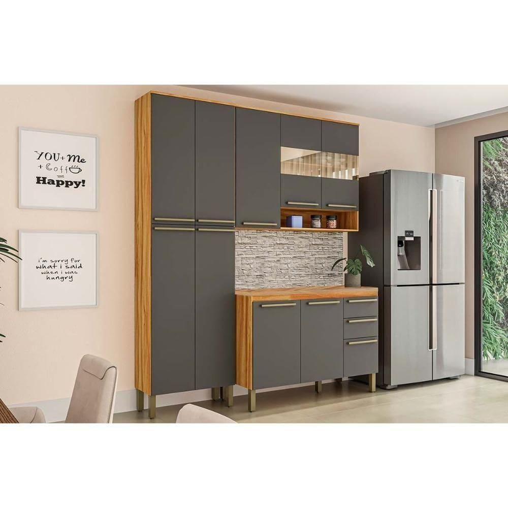 Cozinha Completa Nápoli  3 Peças (1 Armário + 1 Balcão + 1 Paneleiro) C3P02 Amendoa/Chumbo - Ronipa