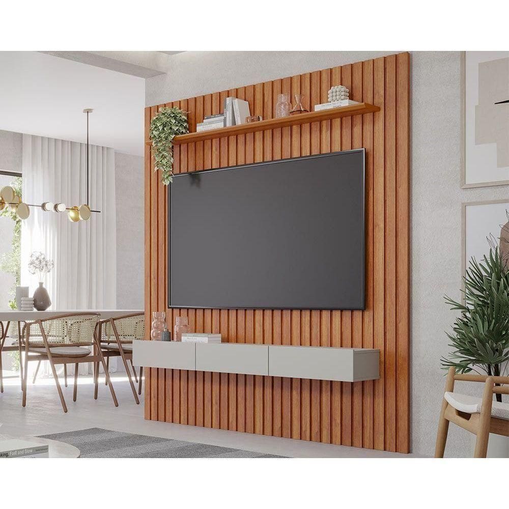 Painel Quarto P/ Tv Até 65 Pol Maragogi Ripado C/ 1 Porta E 2 Gavetas 185x220cm Cinamomo/off White - Permóbili