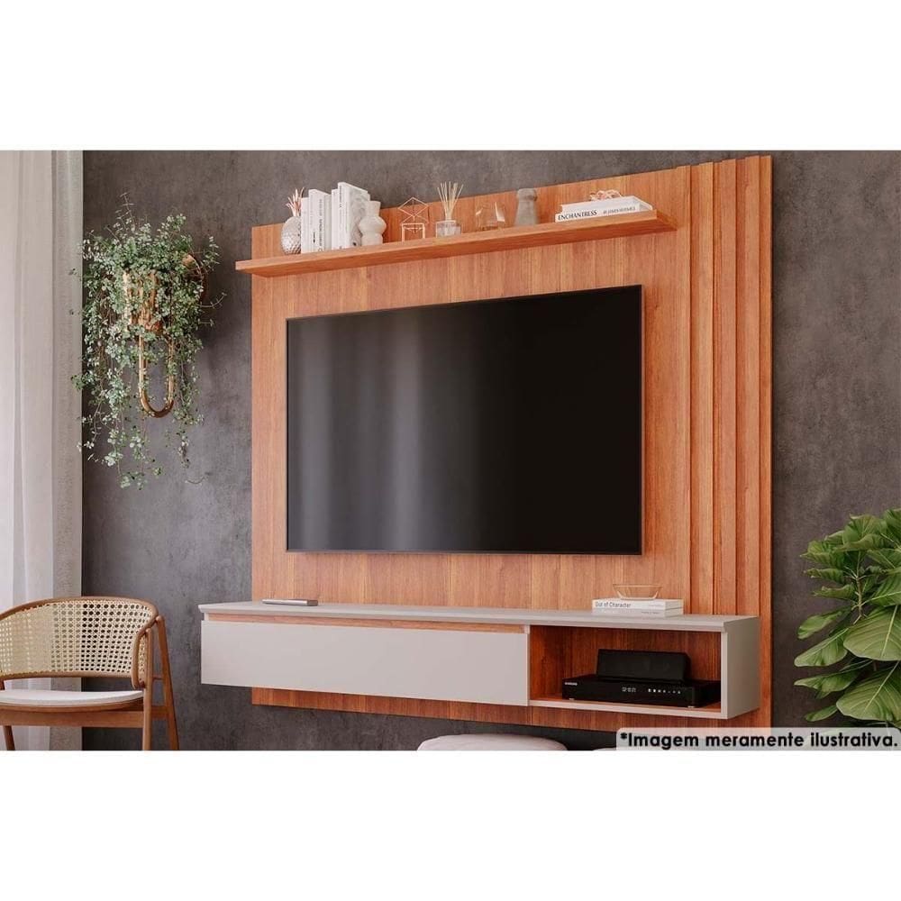 Rack Bancada Com painel Para tv Até 60 Polegadas Panama Plus Ripado Prateleira 162x157cm Cinamomo-off White - Permóbili