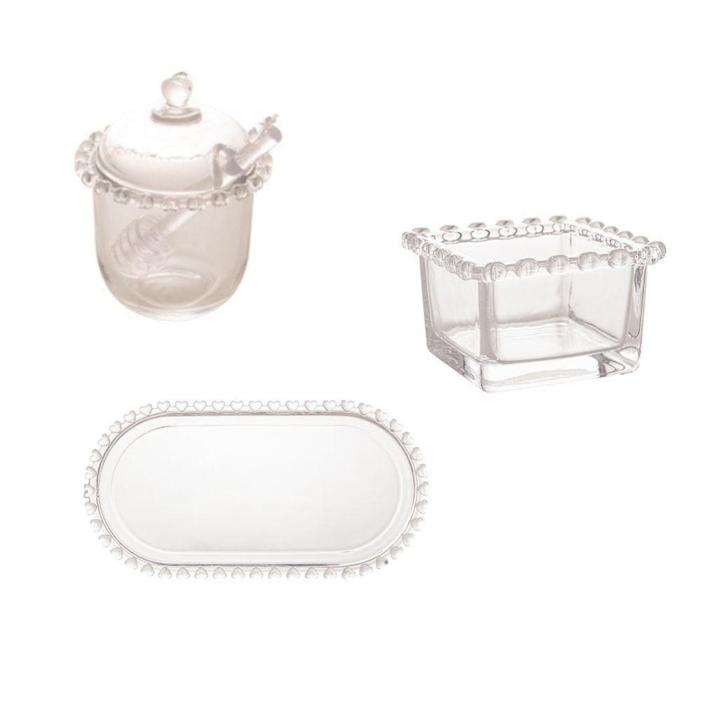 Combo Kit Meleira + Travessa + Bowl Coração Transparente