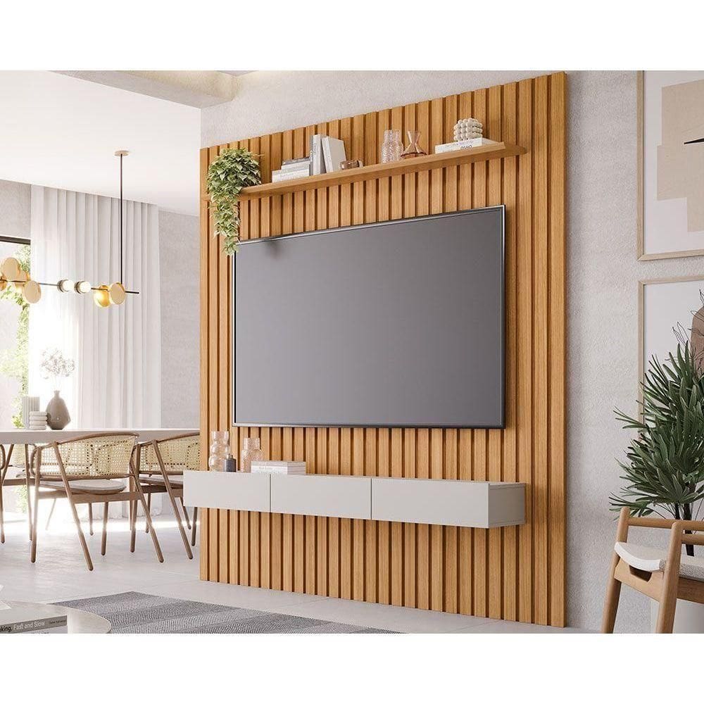 Rack Bancada Com Painel Para Tv Até 65 Pol Maragogi Ripado 1 Porta E 2 Gavetas 185x220cm Nature-off White - Permóbili