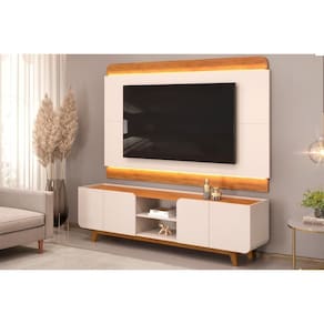 Rack Bancada Com Painel Para Tv Até 75 Polegadas Nadine Led E Nichos 220x196cm Off White-freijó - Dj Móveis