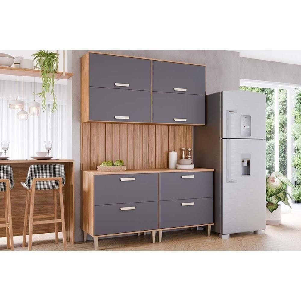 Cozinha Completa Bella 5 Peças S- Portas (2 Armários + 2 Balcões + 1 Painel Ripado) Freijo-titanium - Mgm