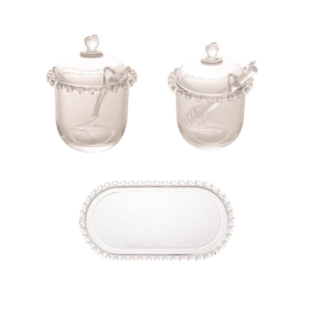 Combo Kit Açucareiro Meleira E Travessa Coração Lyor 3 Peças Transparente