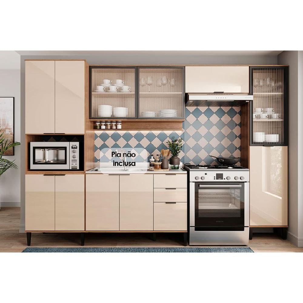 Kit de Cozinha Completa 5 Peças Alpha (2Aéreos+1Balcão+1Paneleiro+1TorreQuente) C5P104 Freijo/Off White - Carraro