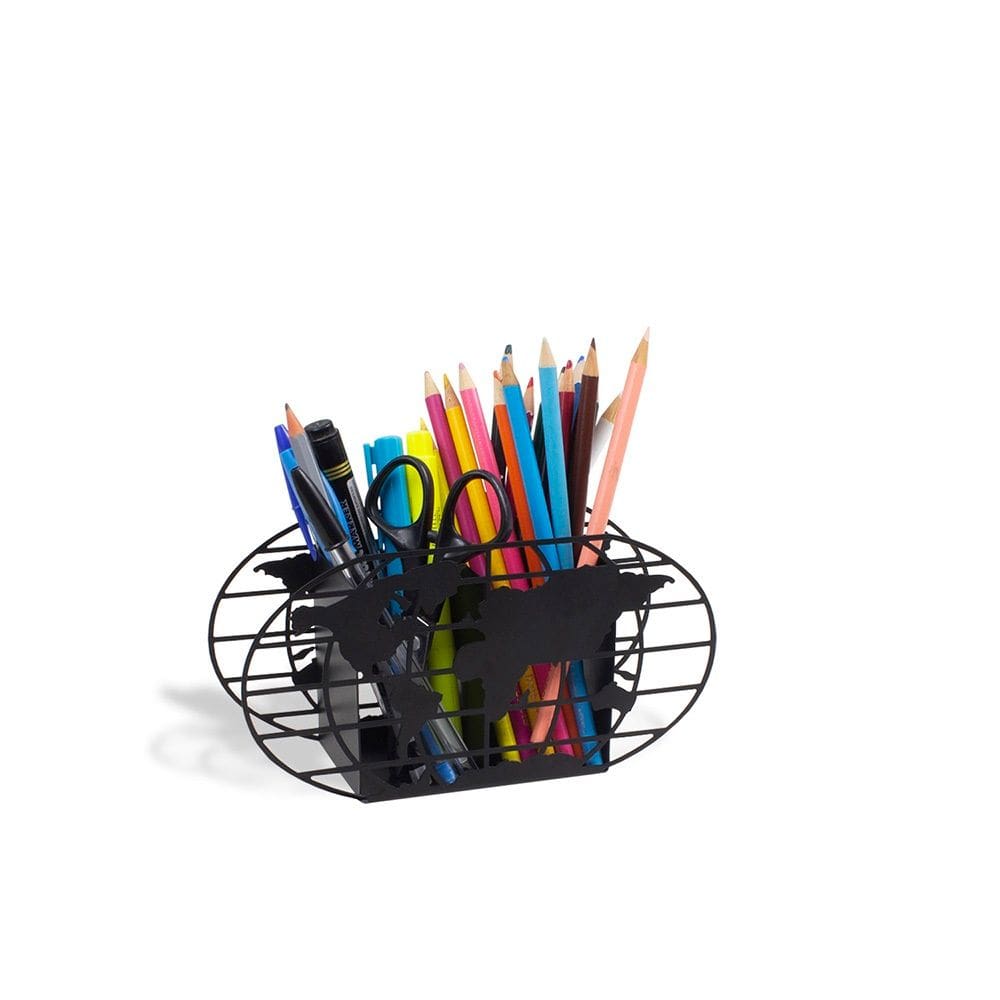 Suporte Porta Caneta De Aco Mapa Mundi Grade 20Cm Preto
