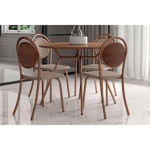Conjunto: Mesa Sala Jantar 1588 c/ Tampo Madeirado 100cm e 4 Cadeiras 1738 Freijo/Rose - Cobre/Linho Areia/Courino Carame - Carraro