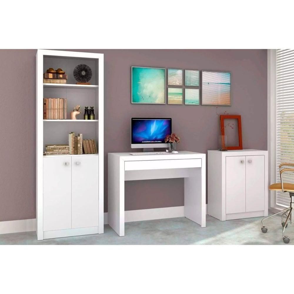 Escritório Completo 1 Mesa De Computador Me4107 + 1 Balcão Me4103 + 1 Estante Me4110 3 Peças Branco