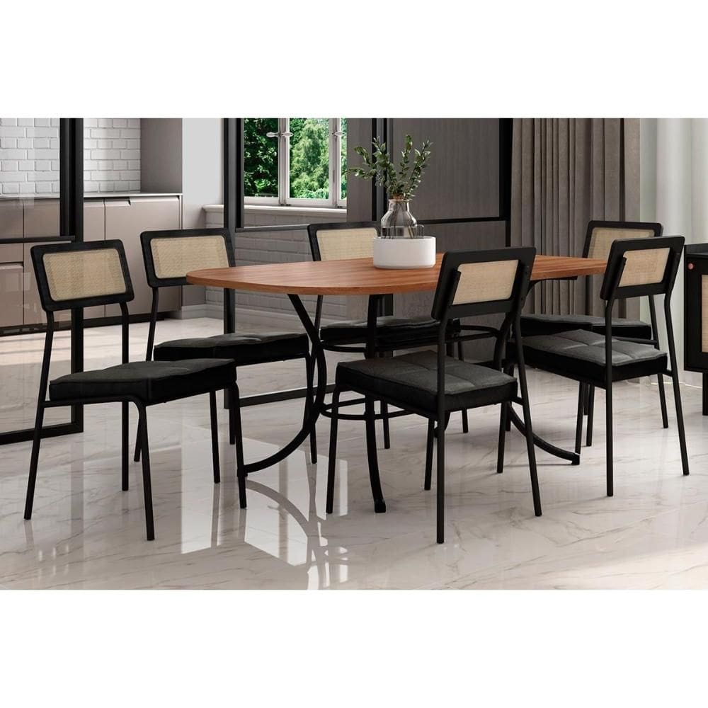 Conjunto: Mesa de Cozinha 1547 Aço c/ Tampo Madeirado 160x90cm e 6 Cadeiras Lux Freijo/Preto - Preto/Grafite - Preto - Carraro