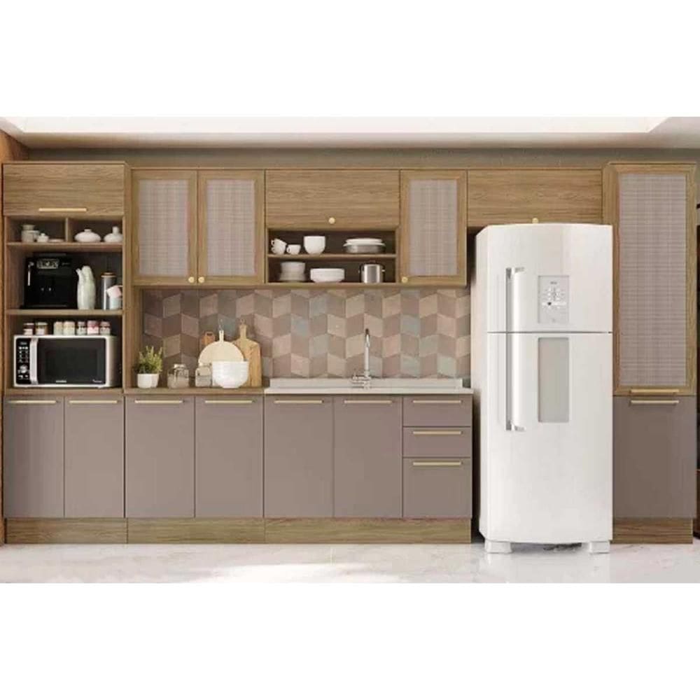 Kit de Cozinha Completa 8 Peças Botanic (3Aéreos+2Balcões+2Paneleiros+1Complemento) s/Pia M658 Nogueira/Fendi Fosco - Kappesberg