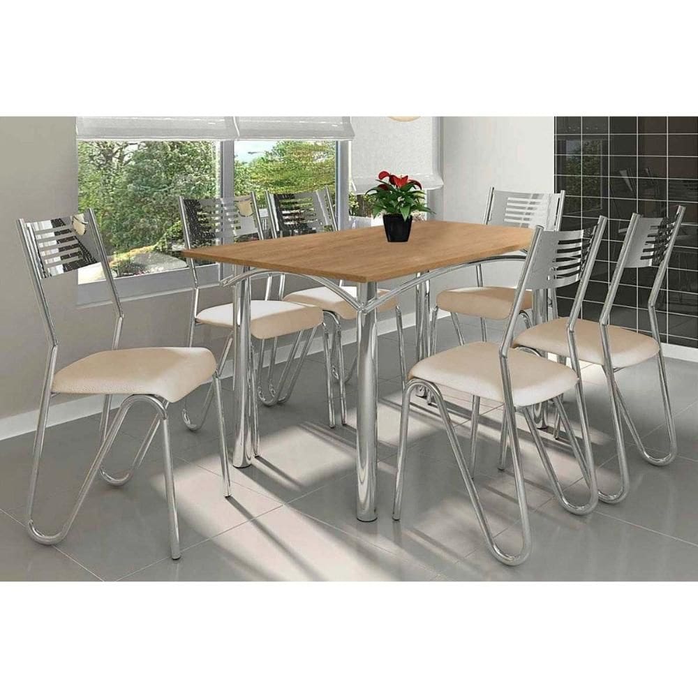 Conjunto: Mesa de Cozinha Elba c/ Tampo de Madeira 160cm e 6 Cadeiras Nápoles Cromada/Nogueira - Courano Bege - Kappesberg