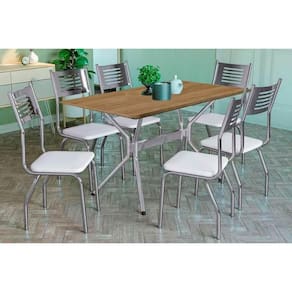 Conjunto: Mesa de Cozinha Loire c/ Tampo de Madeira 160cm e 6 Cadeiras Nápoles Cromada/Branco 106 - Kappesberg