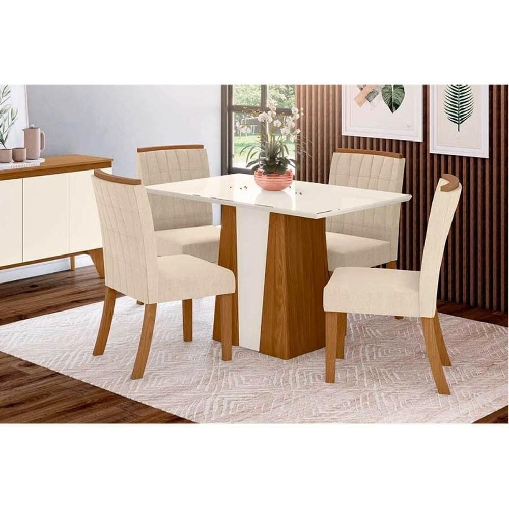 Conjunto: Mesa de Cozinha Orus c/ Tampo Madeirado 120x80cm e 4 Cadeiras Tauá Nature/Off White - Linho Bege - Henn