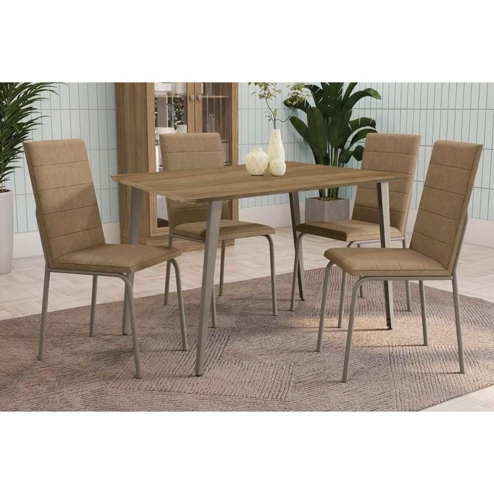 Conjunto: Mesa de Cozinha Iguaçu c/ Tampo de Madeira 90cm e 4 Cadeiras Amsterdã Niquel - Courano Capuccino - Kappesberg