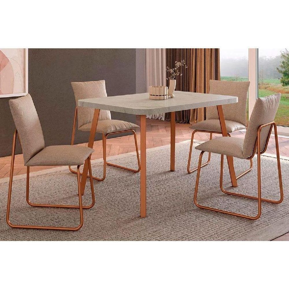 Conjunto: Mesa Sala Jantar Stellar 1598 Aço c/ Tampo Madeirado 120x80cm e 4 Cadeiras Soft Rose/Petra - Rose/Areia - Carraro