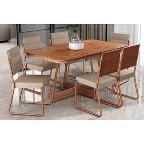 Conjunto: Mesa de Cozinha Átria 1592 Aço c/ Tampo Madeirado 160x90cm e 6 Cadeiras 1736 Rose/Freijo/Nogal - Rose/Areia - Caramelo - Carraro