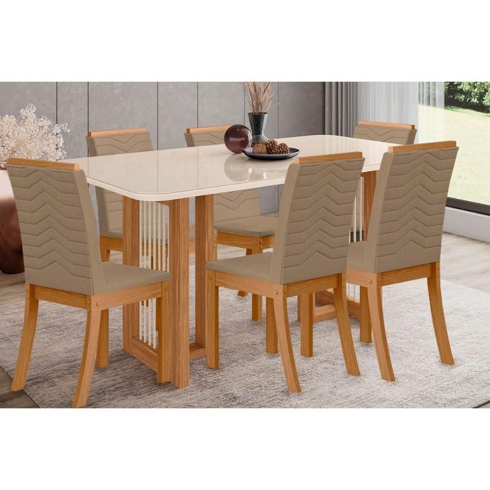 Kit 6 Cadeiras de Cozinha Yara SC79 Tampo Madeirado c/ Vidro Canto Curvo 160x90cm e 6 Cadeiras Isa Nature/Suede Light Bege - Henn