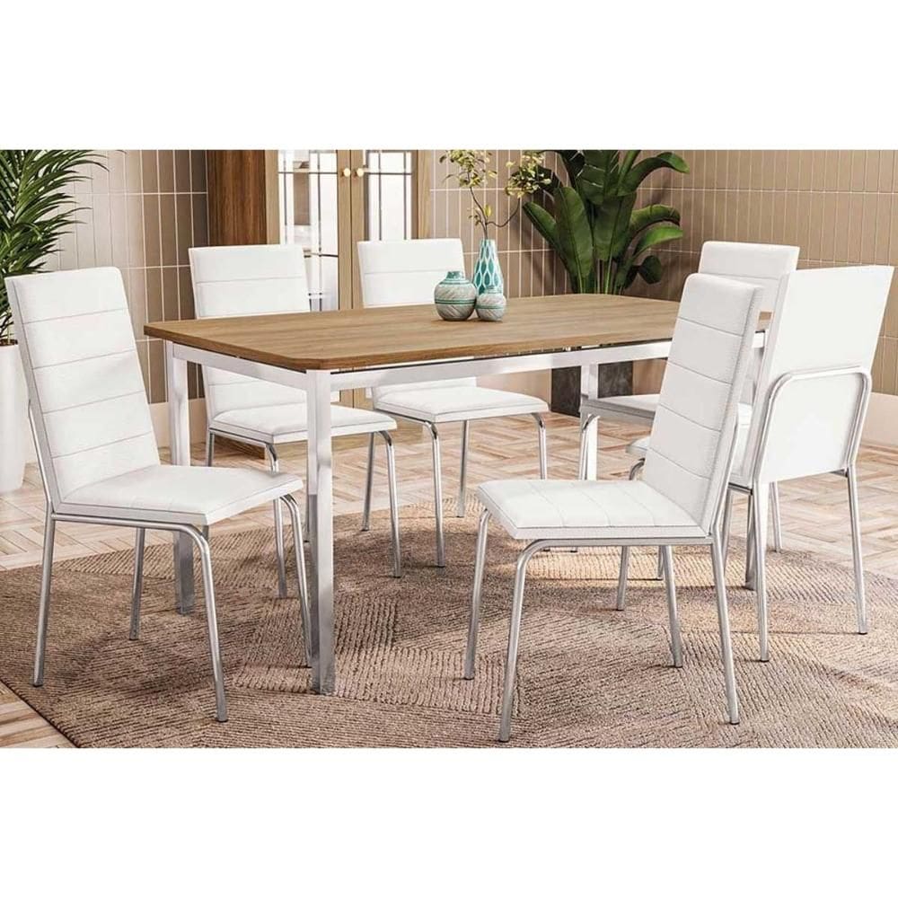 Conjunto: Mesa de Cozinha Reno c/ Tampo de Madeira 160cm e 6 Cadeiras Amsterdã Cromada/Branco 106 - Kappesberg