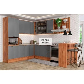 Kit de Cozinha Completa 9 Peças Bella (3Aéreos+3Balcões+1TorreQuente+1Ilha+1Complemento) C9P200 Nogal/Cinza - Carraro